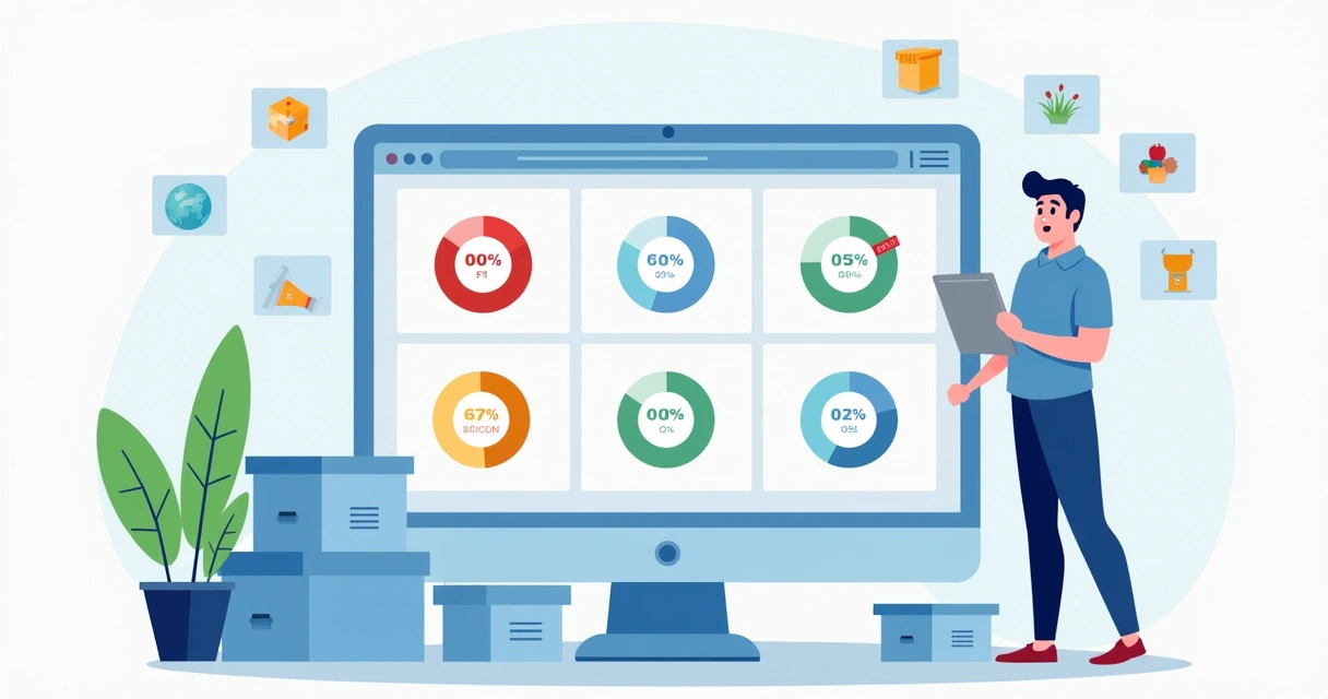 Ilustração de um painel digital de estoque que mostra produtos com diferentes status, como esgotado, baixo estoque e disponível, com um logista preocupado ao lado. 