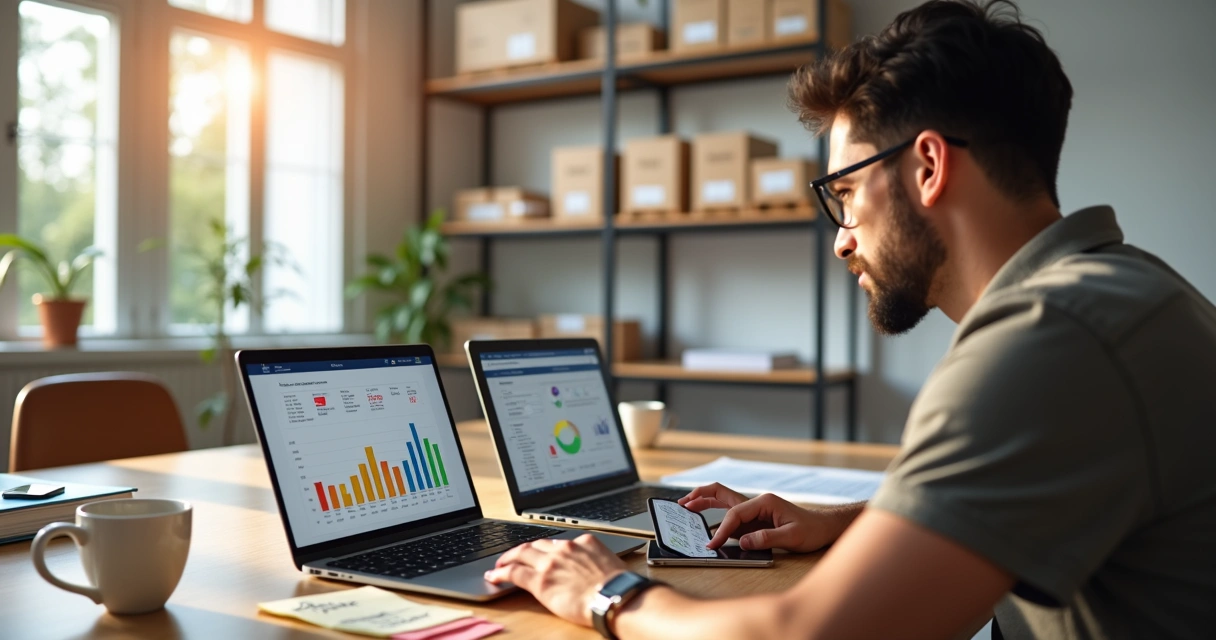 Gerente analisando gráficos de vendas e estoque em notebooks na mesa 