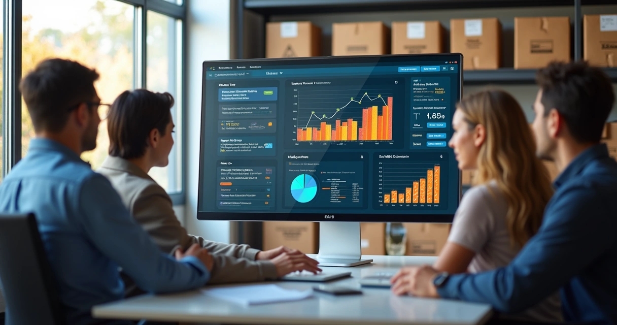 Equipe de gestão analisando tela de ERP com gráficos de estoque em escritório moderno