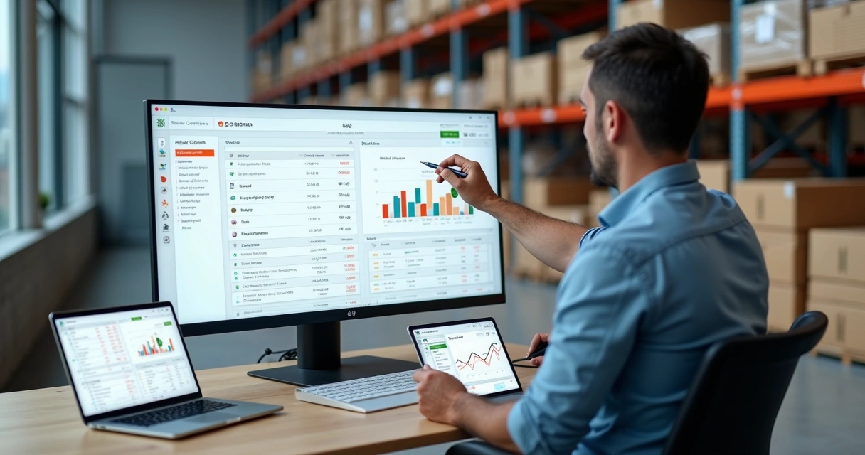 Gestor analisando painel de estoque de e-commerce com alerta de ruptura e produtos em prateleiras 