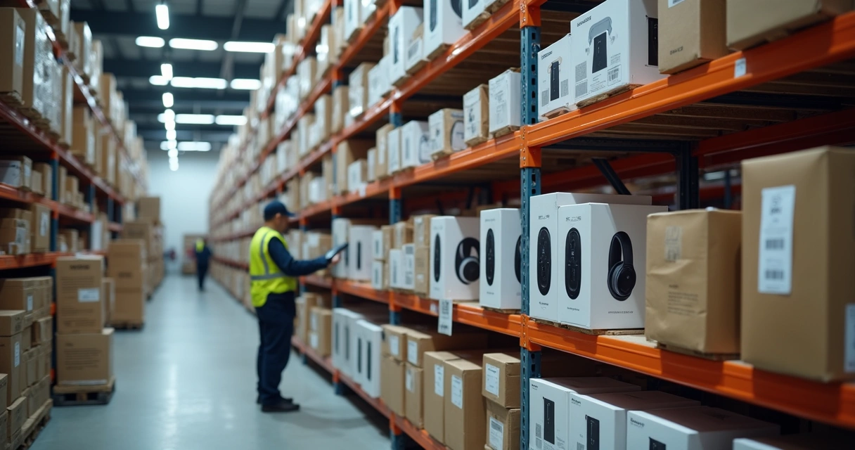 Estoques de eletrônicos organizados prontos para envio