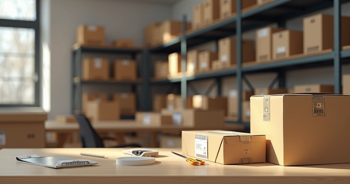Prateleiras de estoque com diversas caixas e produtos prontos para envio