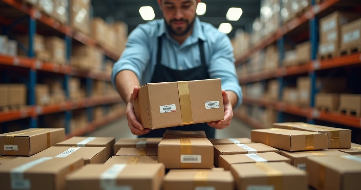 Funcionário do ecommerce organizando estoque com caixas prontas para envio