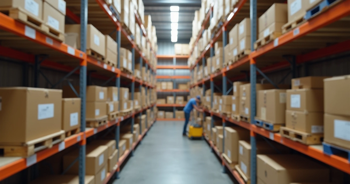 Estantes organizadas com caixas e produtos em pequeno estoque 