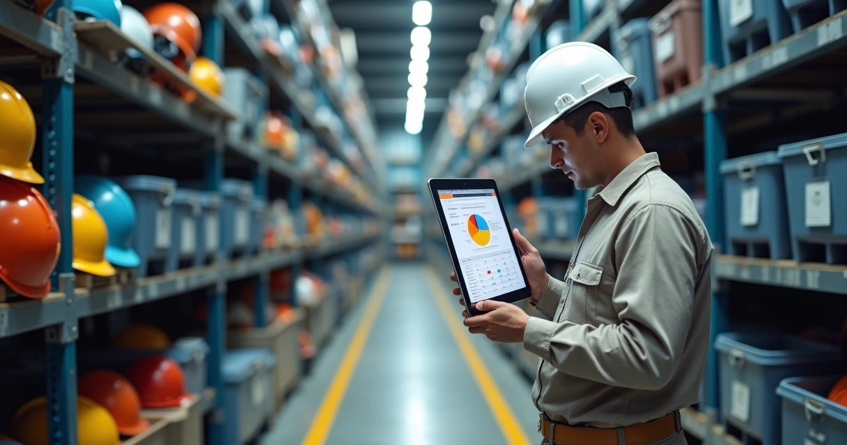 Técnico verifica dashboard de EPI em tablet no almoxarifado 