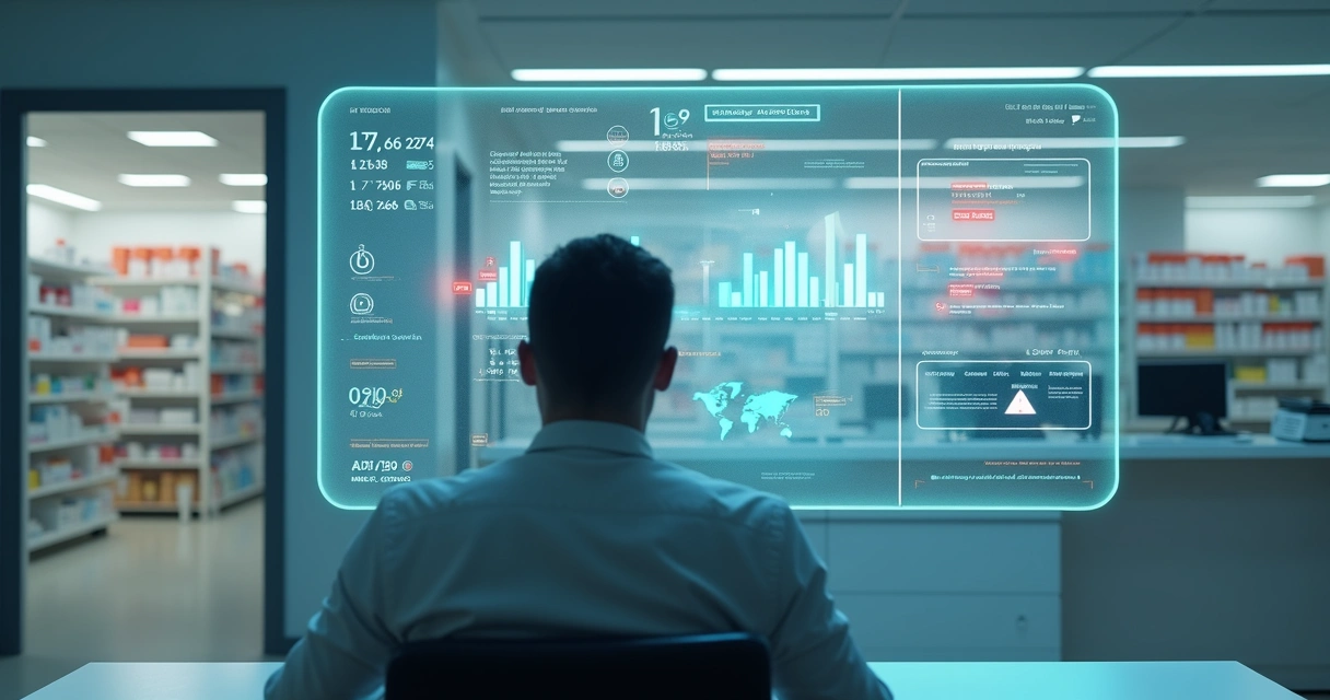 Gestor observa hologramas de estoque e alertas sobre ruptura de produtos 