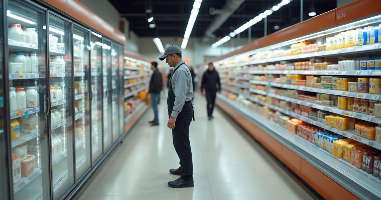 Funcionário organiza gôndola de supermercado adotando método FIFO em produtos perecíveis 