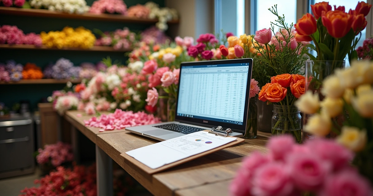 Bancada de floricultura com flores frescas, planilha e etiquetas 