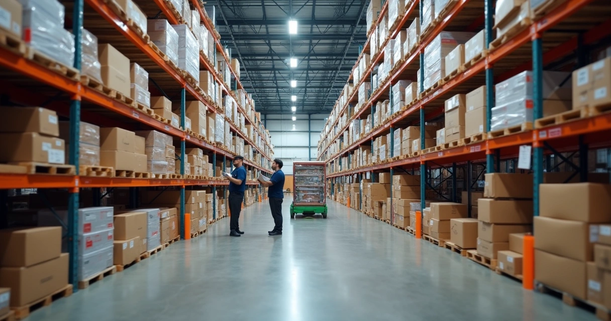 Armazém de fornecedor com prateleiras e produtos organizados