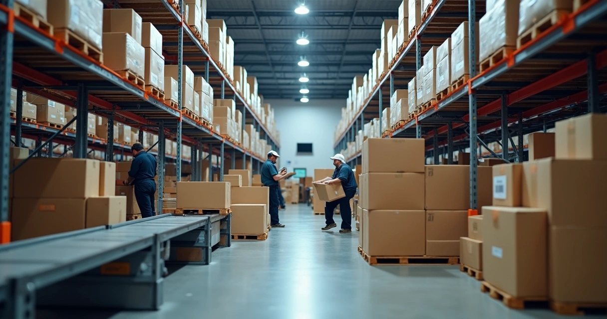 Operação de estoque com equipe separando produtos para envios em fulfillment