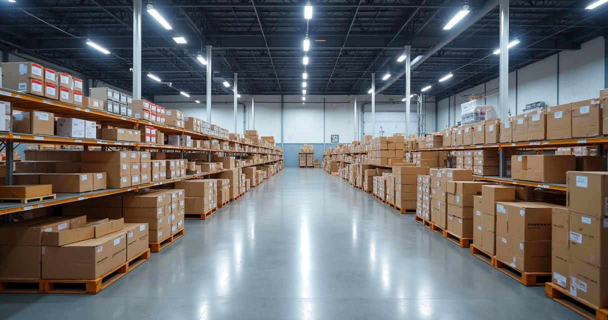 Produtos organizados em prateleiras de estoque de galpão 