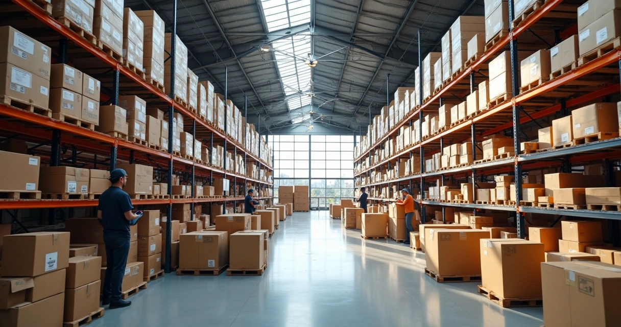 Estantes de estoque organizadas em centro de distribuição de São Paulo