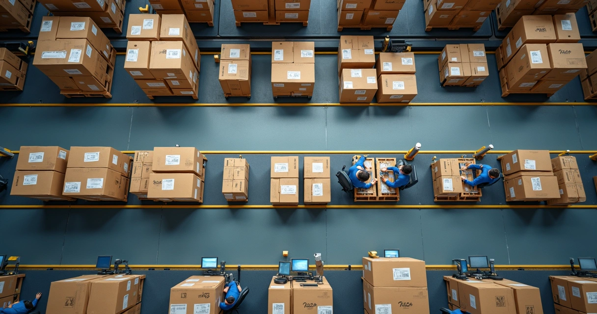 Vista superior de armazém industrial integrado a operação de vendas online, com esteiras automatizadas, caixas com etiquetas e computadores conectados a sistema ERP. 