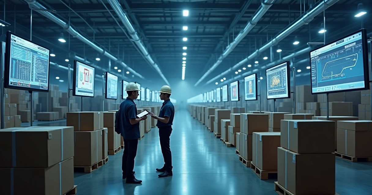 Sensores en inventario industrial con cajas y pantallas de monitoreo 