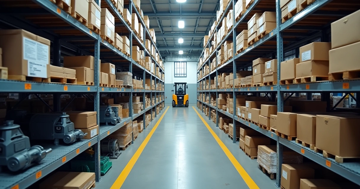 Estoque industrial organizado com peças de máquinas e prateleiras alinhadas