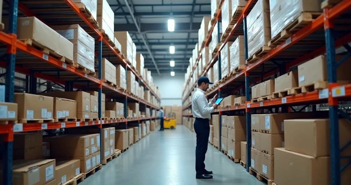 Estoque industrial com prateleiras organizadas e caixas identificadas.