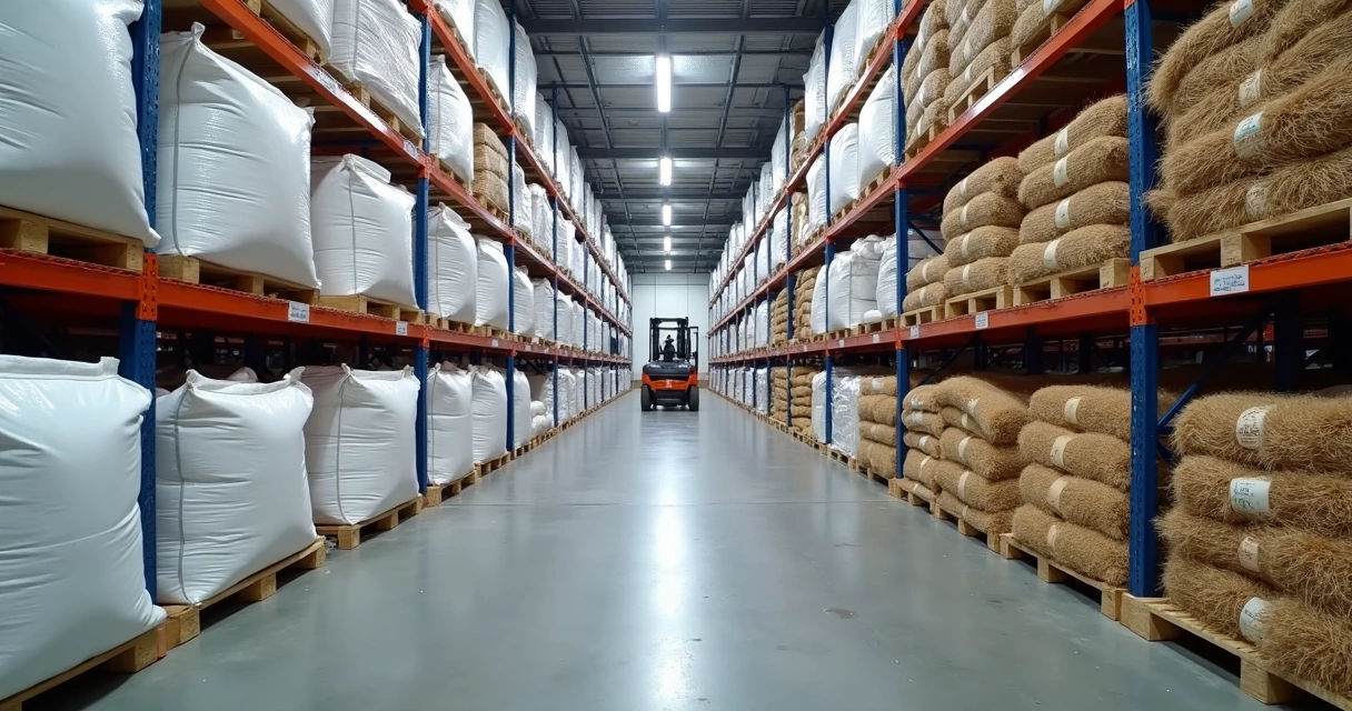 Galpão industrial de logística com sacos de ráfia coloridos e brancos 