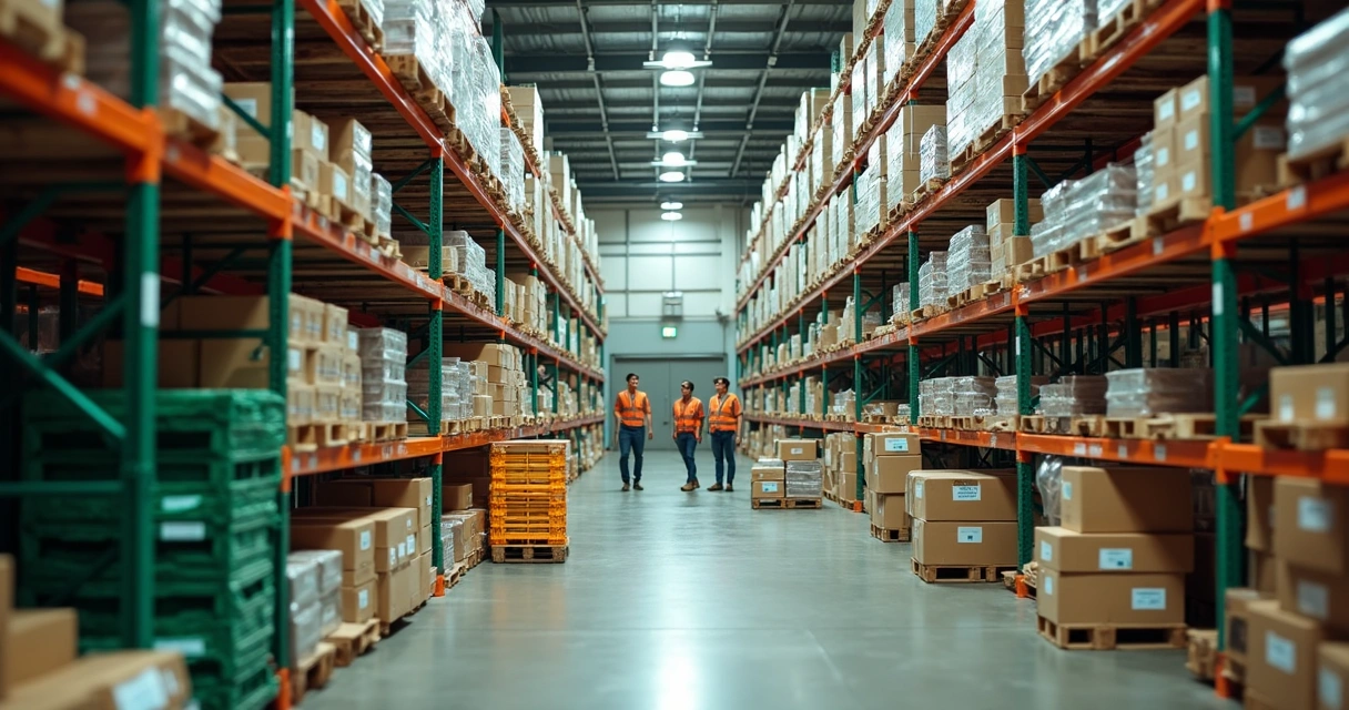 Armazém industrial com caixas reutilizáveis e prateleiras organizadas 