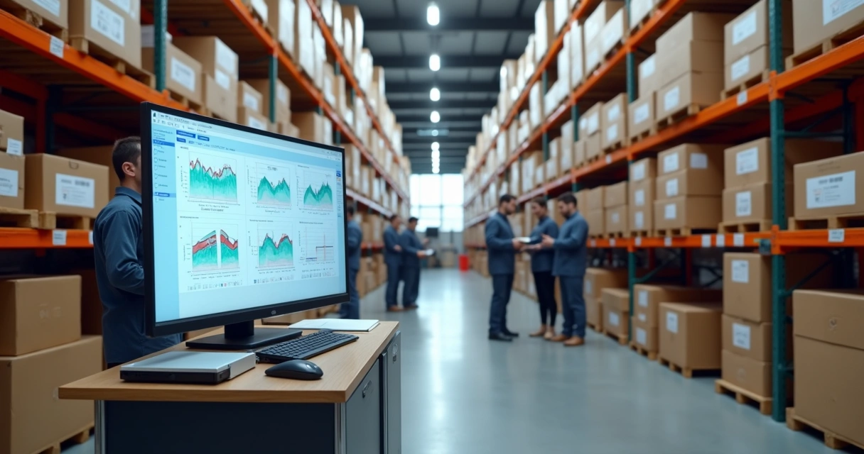 Tela de computador exibindo dashboard de controle de estoque em escritório moderno