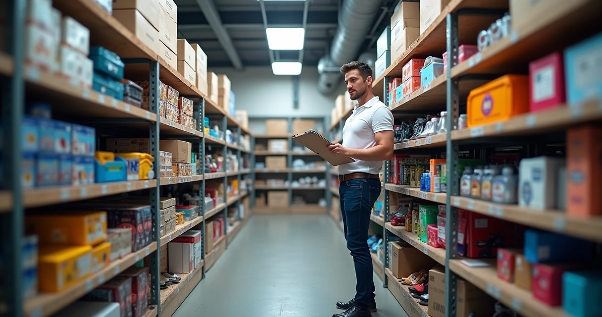 Estoque inicial de produtos variados em prateleiras 