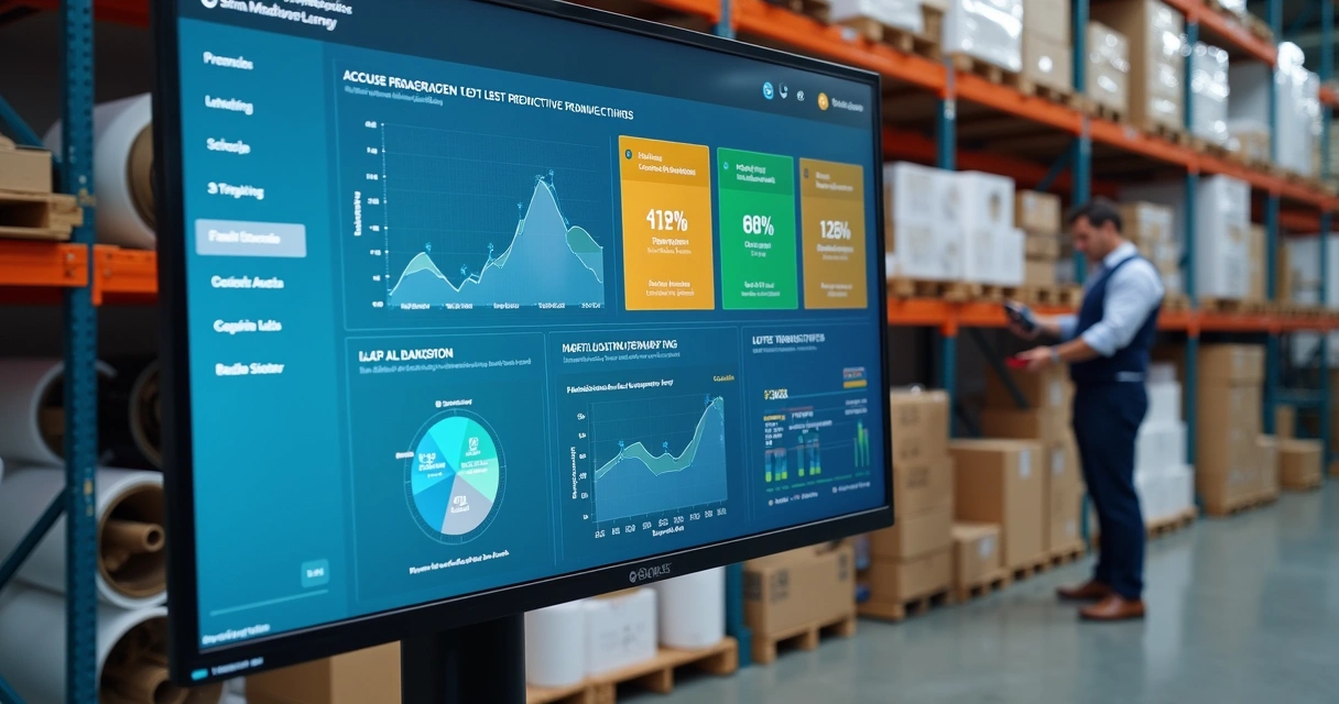 Painel digital monitorando estoque de insumos industriais 