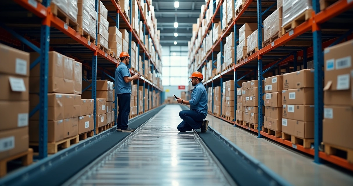 Operadores conferindo estoque conectado por tablets 