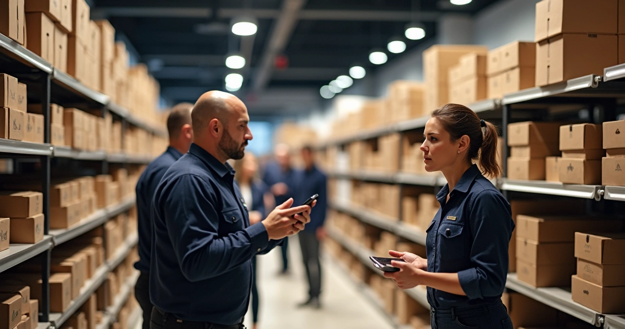 Equipe conferindo dispositivos móveis no centro de distribuição 