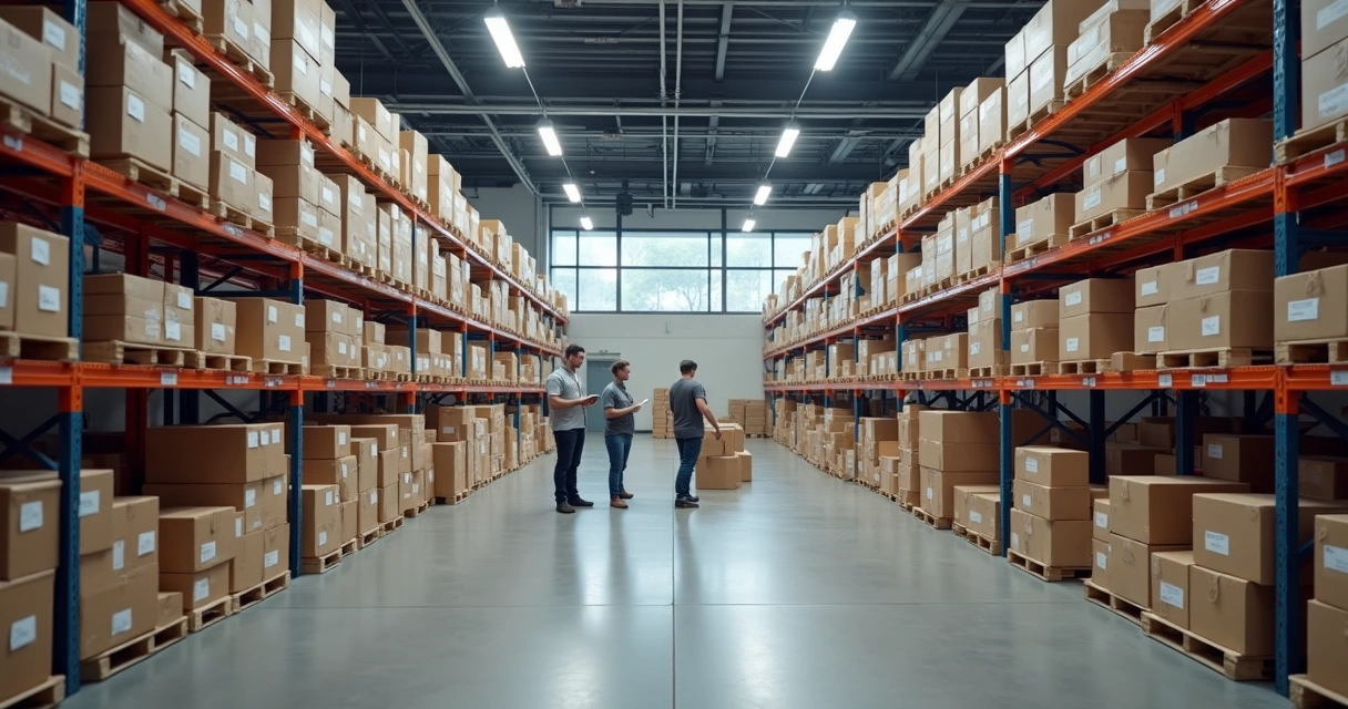 Depósito organizado com caixas de produtos importados prontos para envio