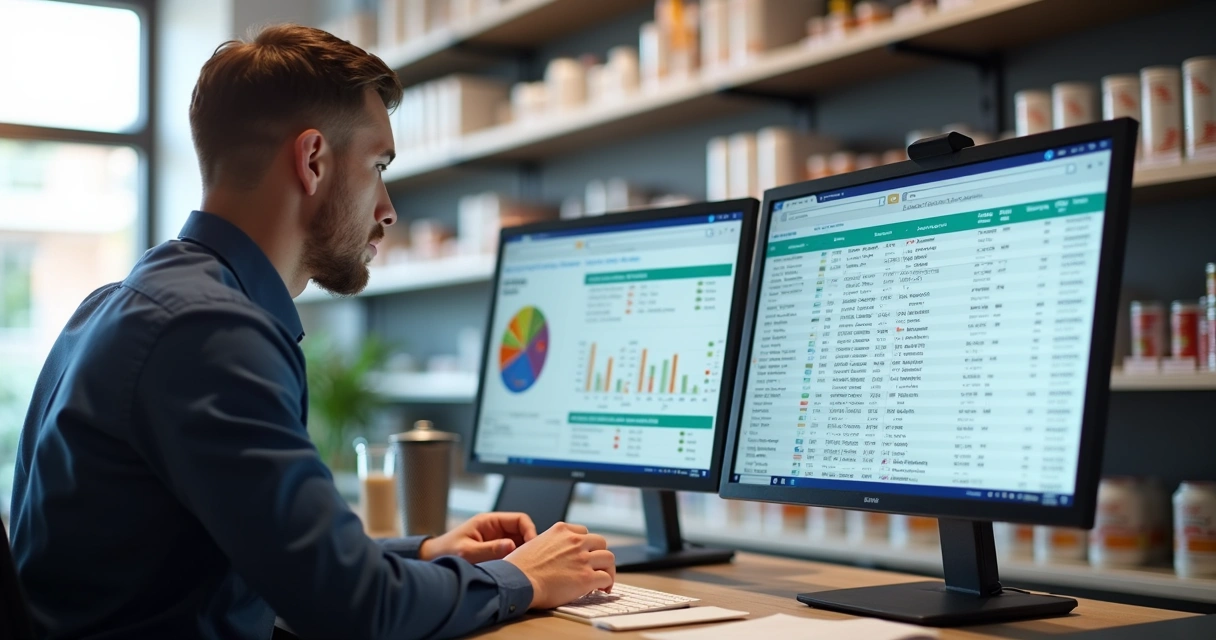 Gestor visualizando estoque e vendas integrados na tela do computador 
