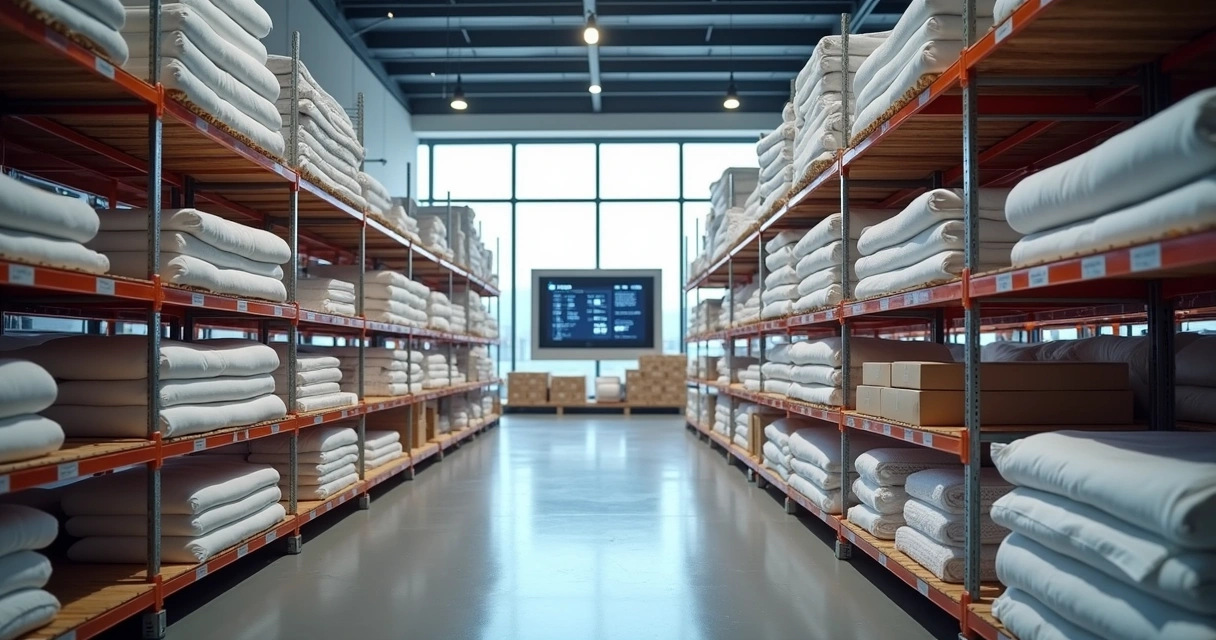 Depósito moderno e organizado com prateleiras de produtos de cama, mesa e banho, sistema digital de controle de estoque em tela ao fundo 