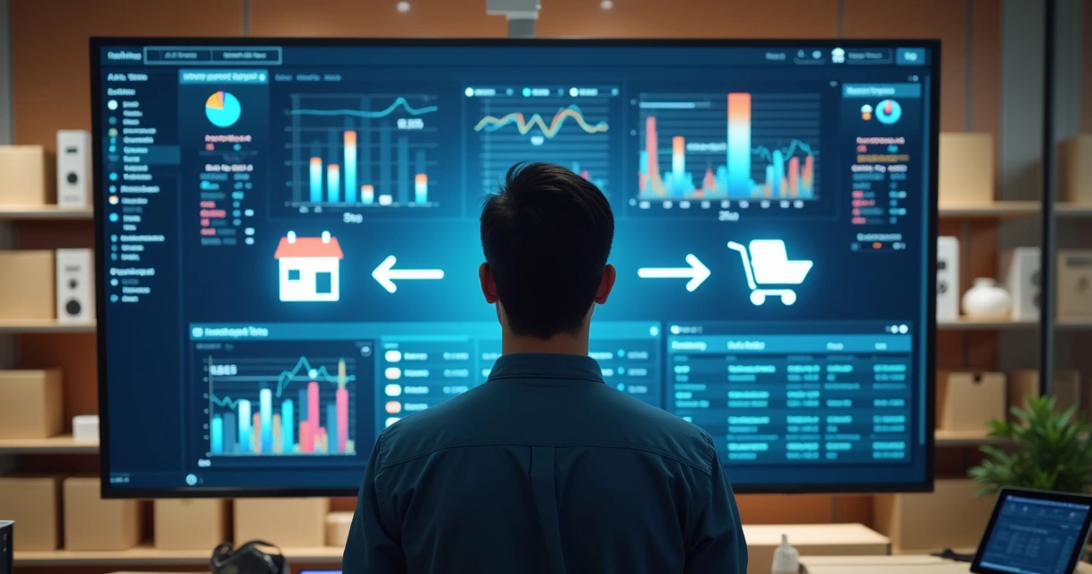 Gestor observando um monitor com tela mostrando integração de estoque loja e e-commerce. 