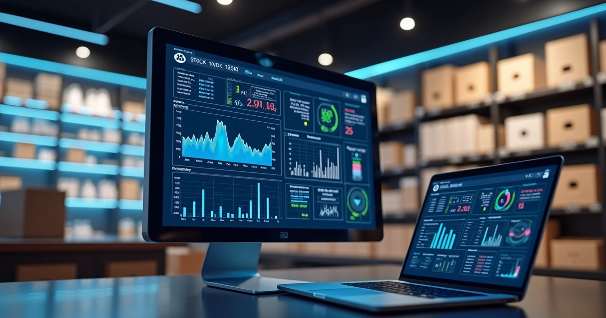 Painel digital mostrando estoque unificado entre loja física e marketplaces com gráficos e conexões em tempo real 