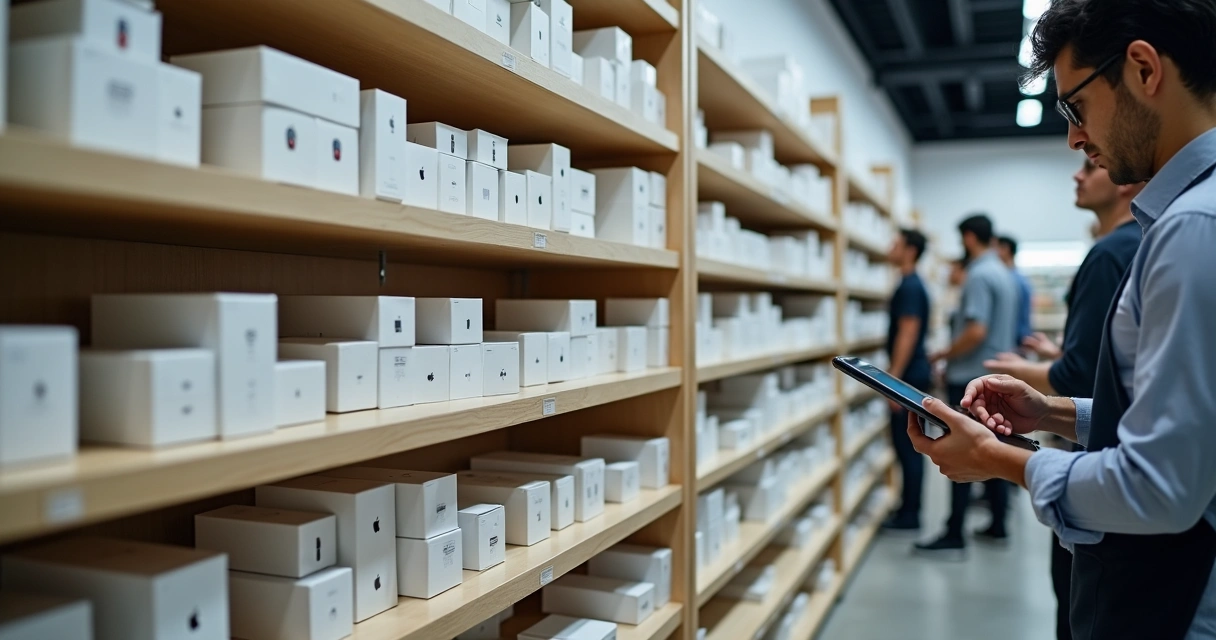 Estoque organizado de iPhones, AirPods e Apple Watch em loja 