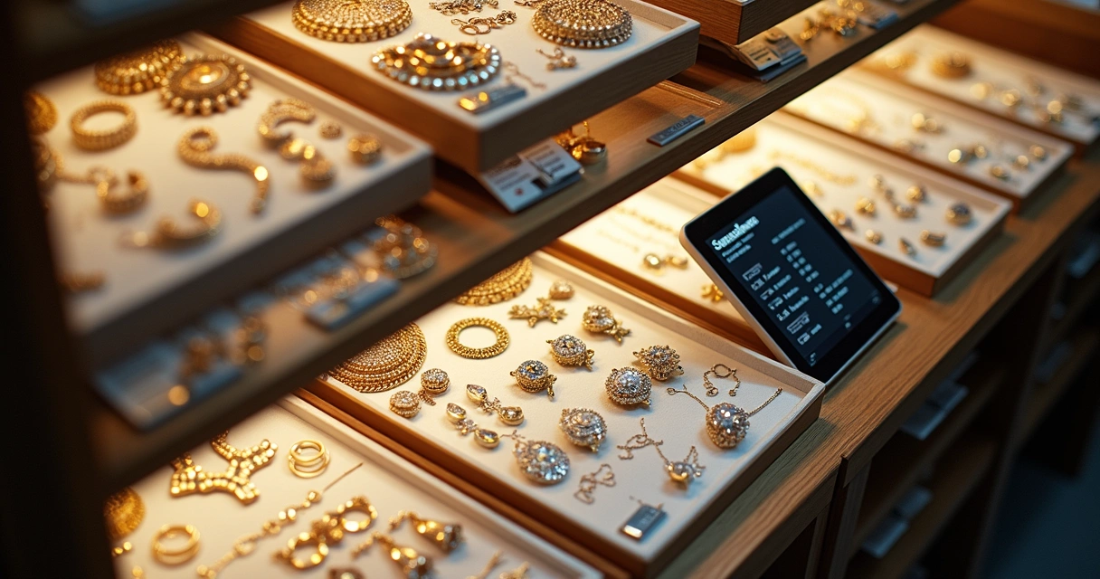 Estoque de joias de prata e ouro organizado com etiquetas e prateleiras 