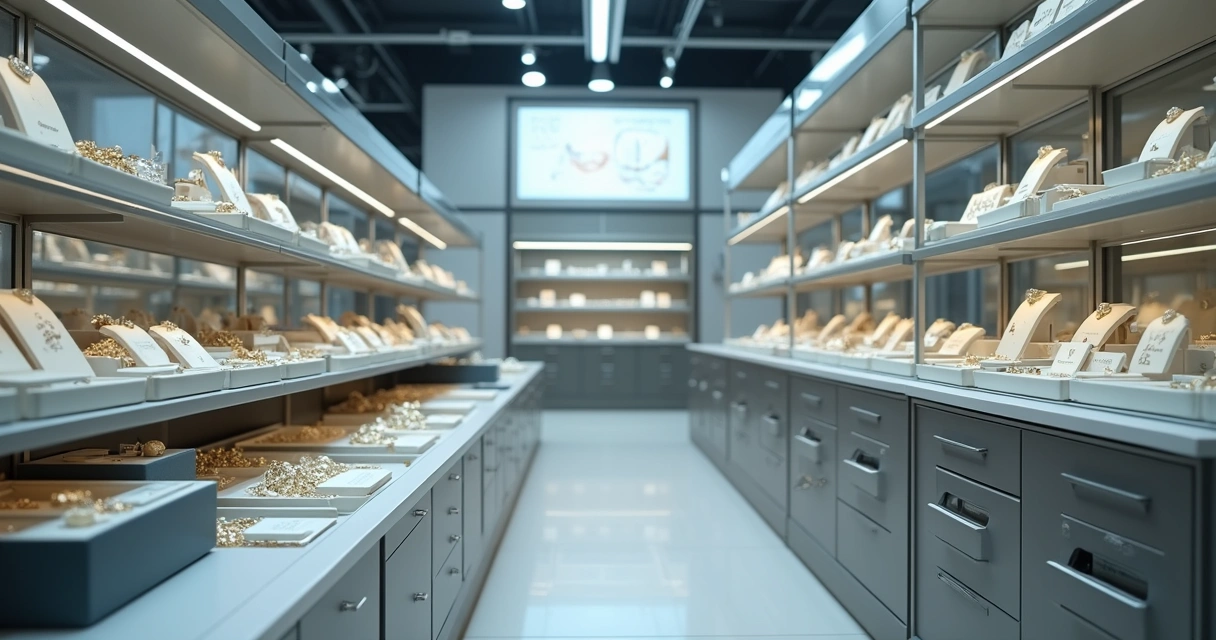 Estoque organizado de joalheria com caixas e gavetas contendo joias brilhantes e etiquetas claras 