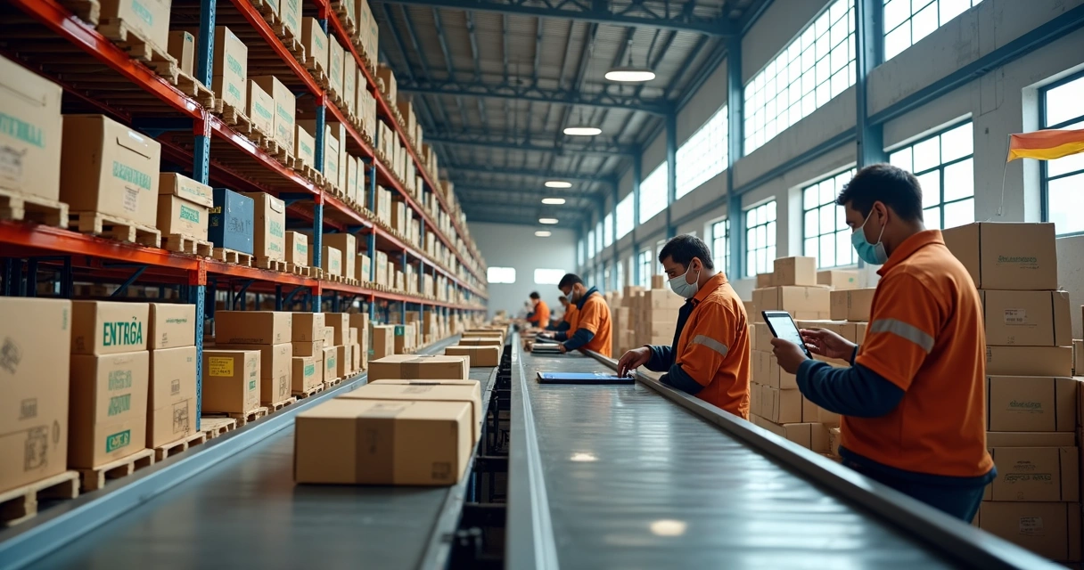 Centro de distribuição organizado com caixas e etiquetas, cenário de logística moderna