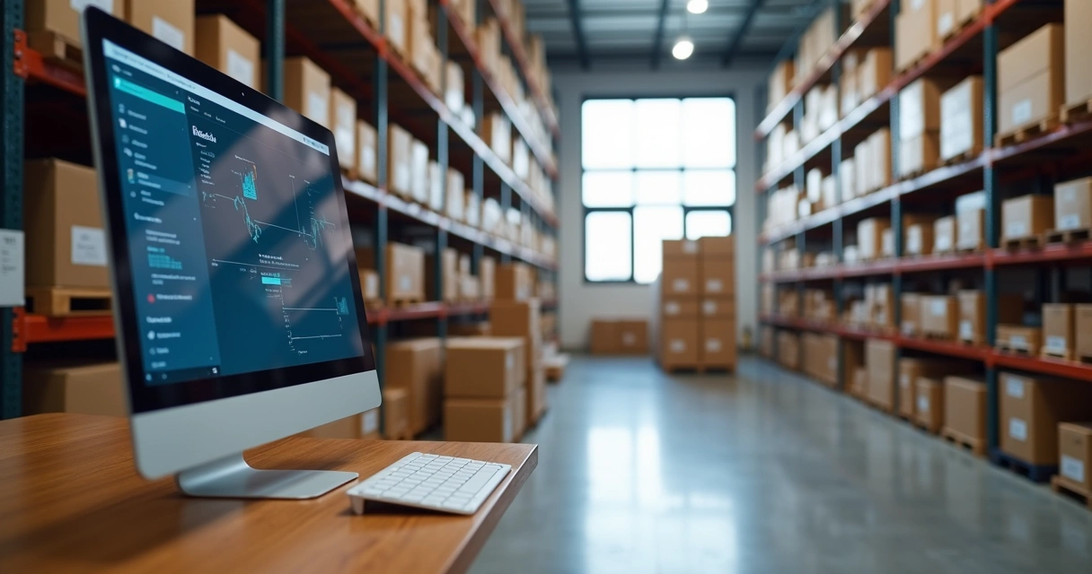 Prateleiras com caixas etiquetadas e computador monitorando estoque 