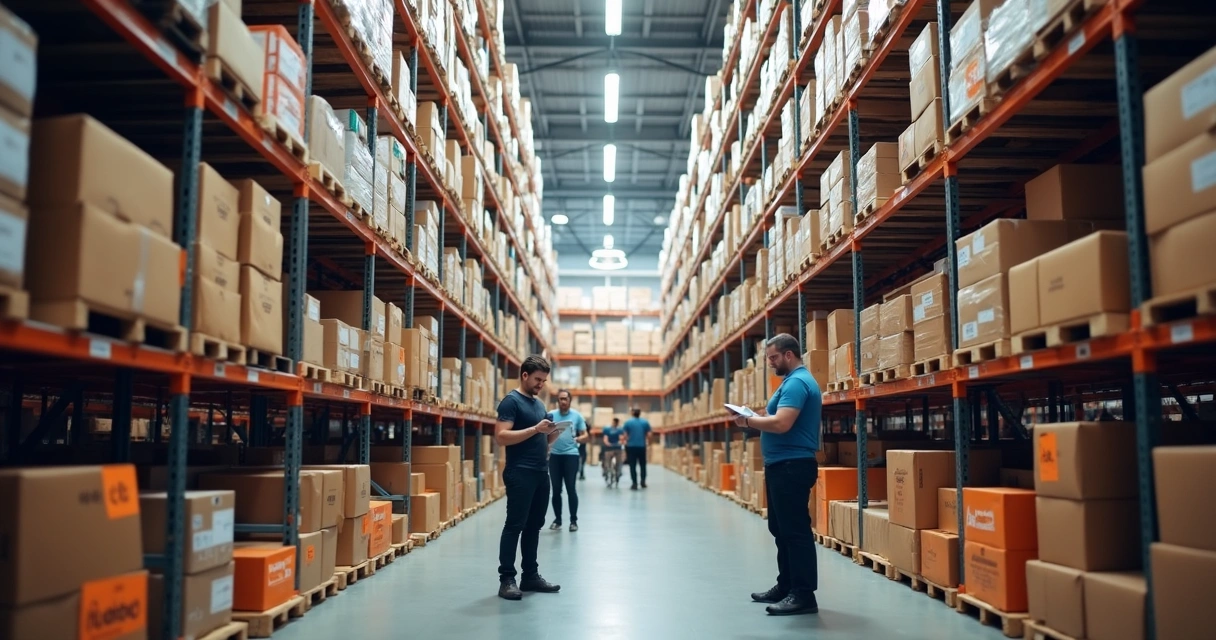 Vista interna de centro de distribuição logístico em São Paulo com produtos armazenados e funcionários trabalhando. 