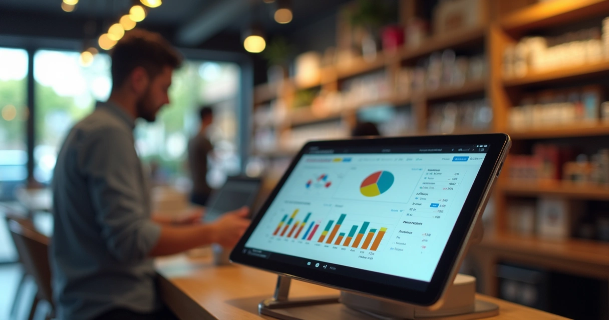 Funcionário conferindo estoque em loja de celular com tablet 