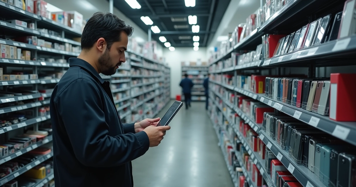 Funcionário faz inventário em estoque de acessórios para celular 