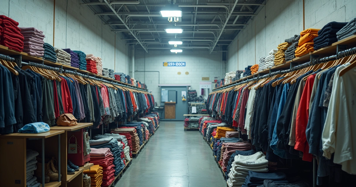 Produtos empilhados em estoque de loja de roupas 