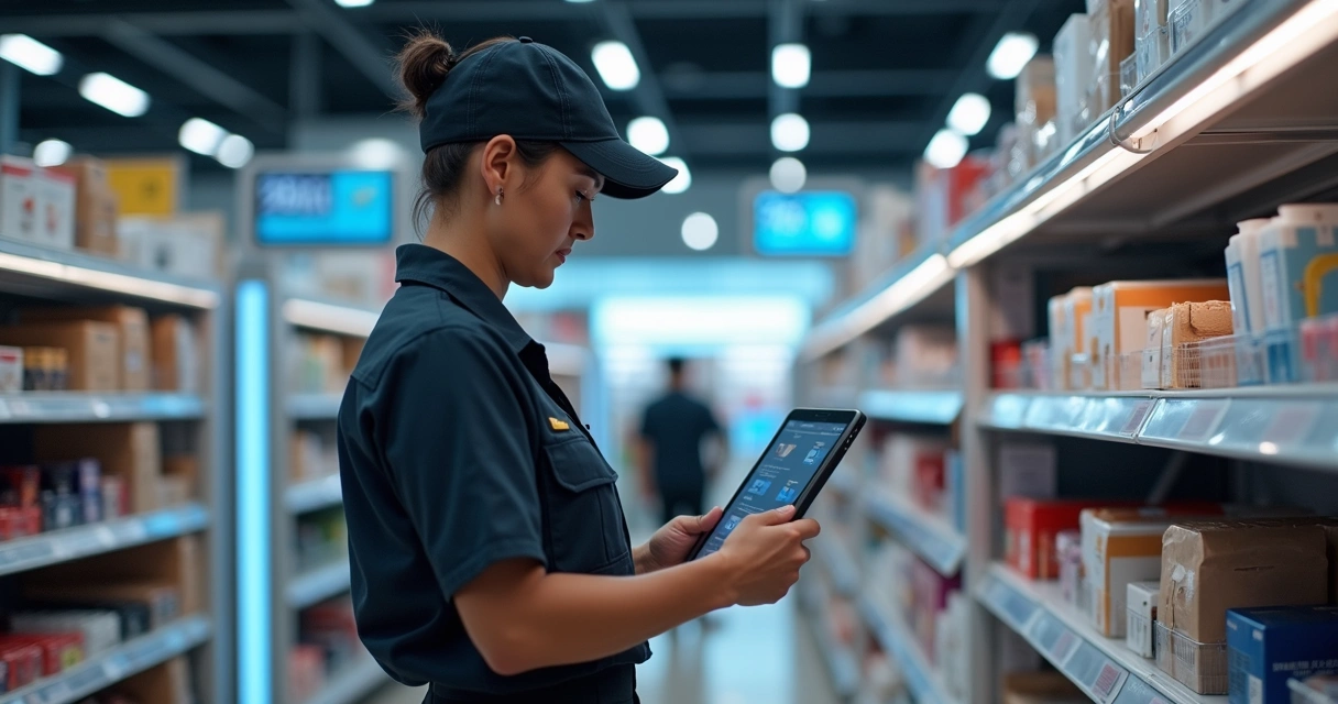 Funcionário verifica estoque de produtos em loja física com tablet 
