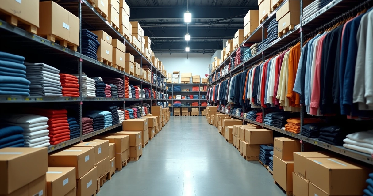 Prateleiras com roupas organizadas em estoque de loja de moda
