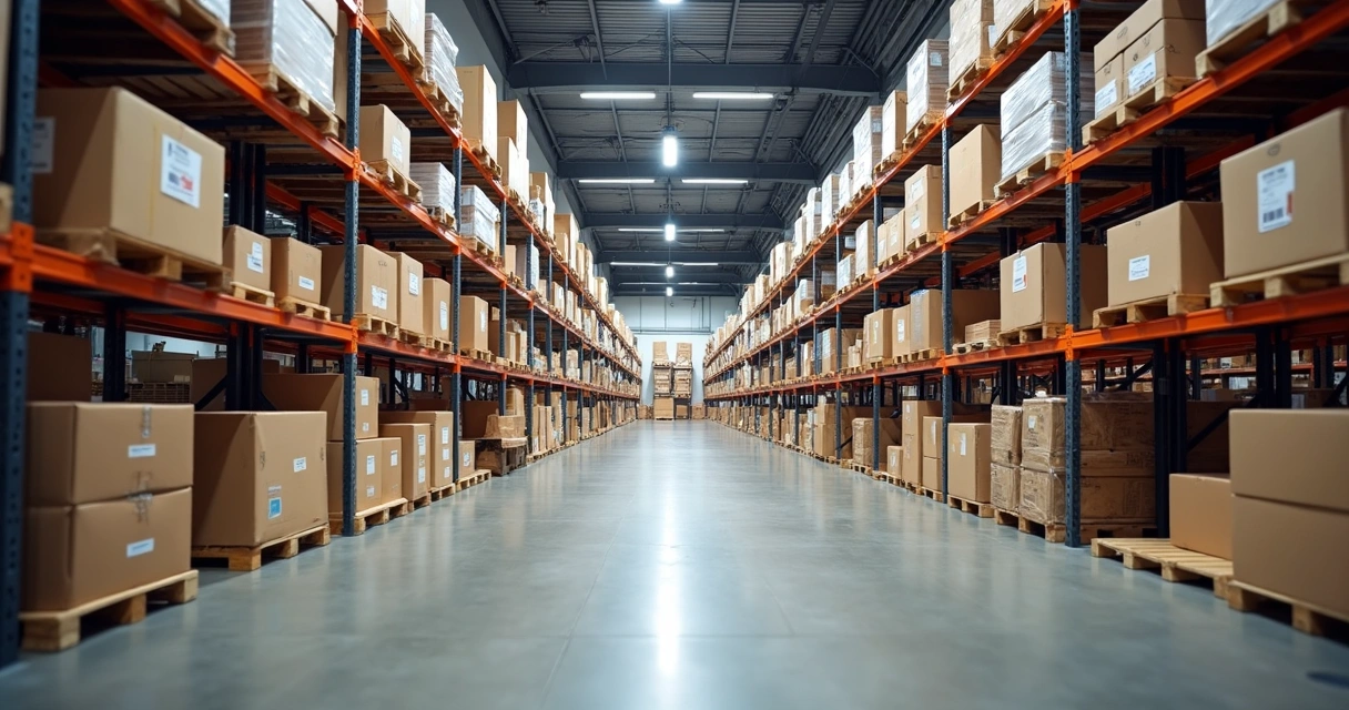 Depósito moderno com prateleiras de produtos organizados 