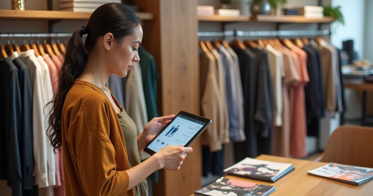 Gestor analisando estoque de roupas na loja com tablet. 