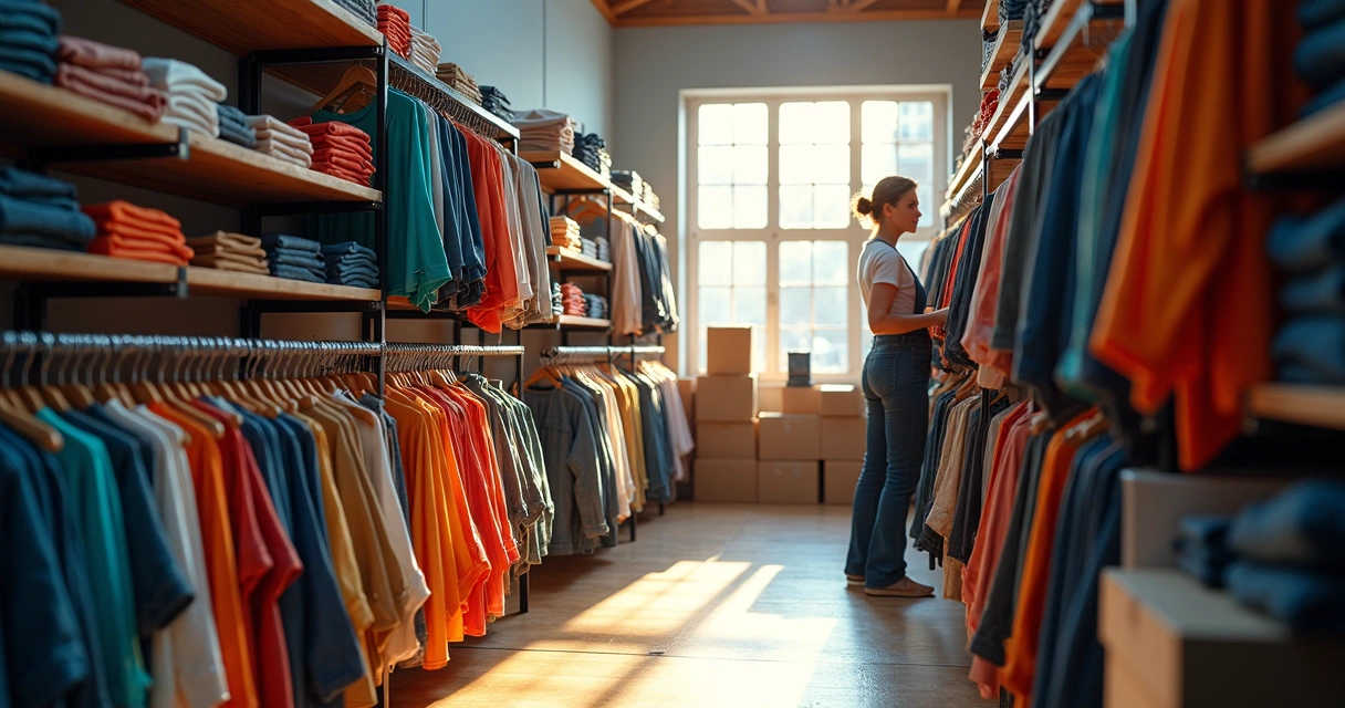 Funcionário organizando prateleiras com roupas em estoque de loja de vestuário. 