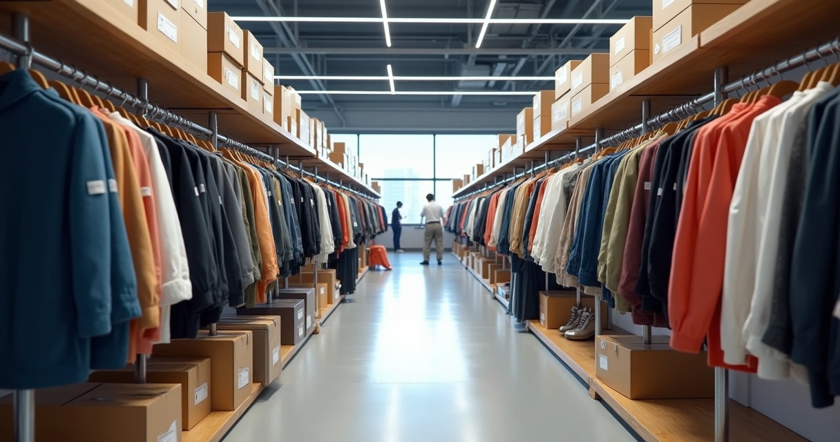 Estoque de loja de roupas organizado com etiquetas 
