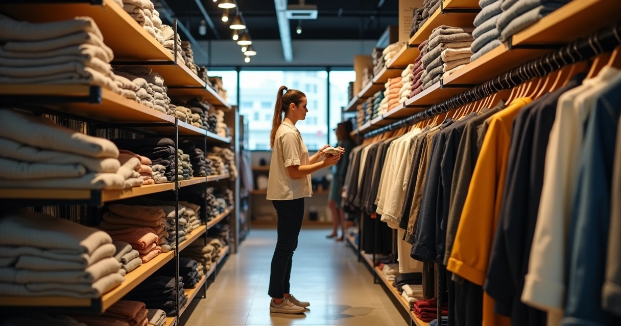 Funcionário organizando roupas em um estoque de loja com etiquetas de SKU 