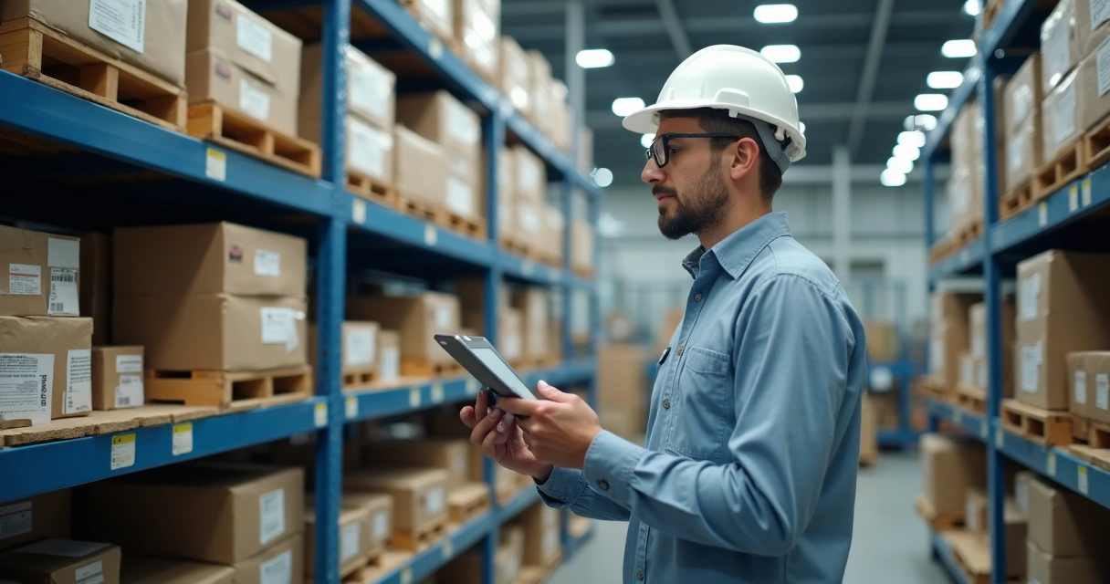 Gestor checando estoque de matéria-prima em fábrica moderna 