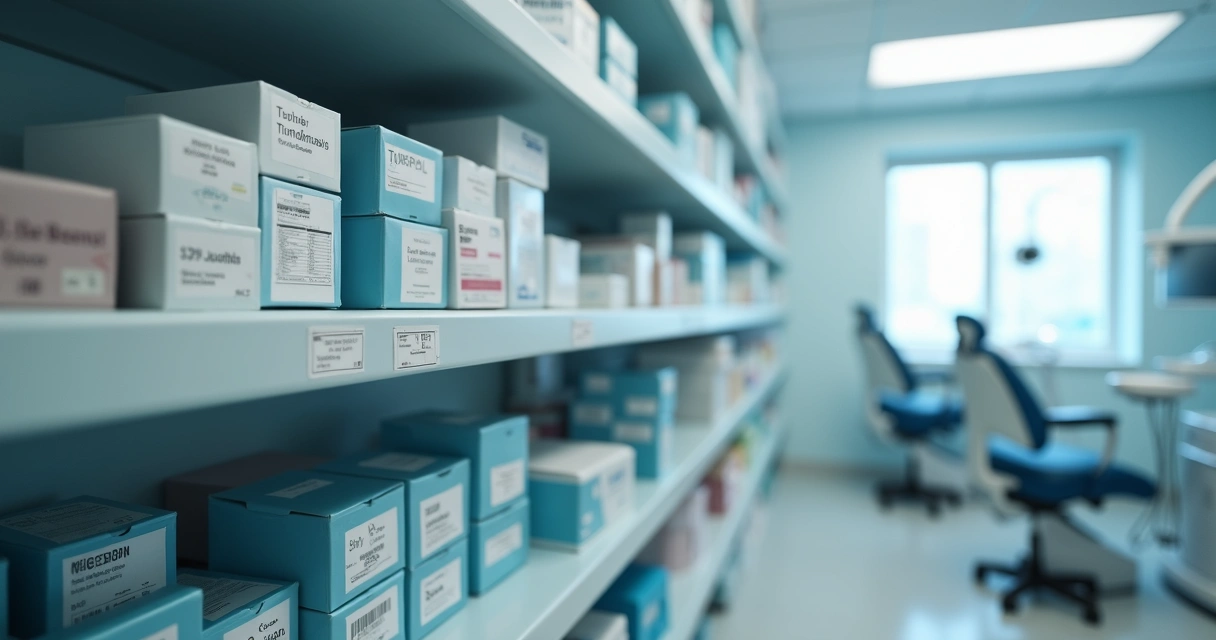 Estoque de materiais organizados em clínica odontológica 